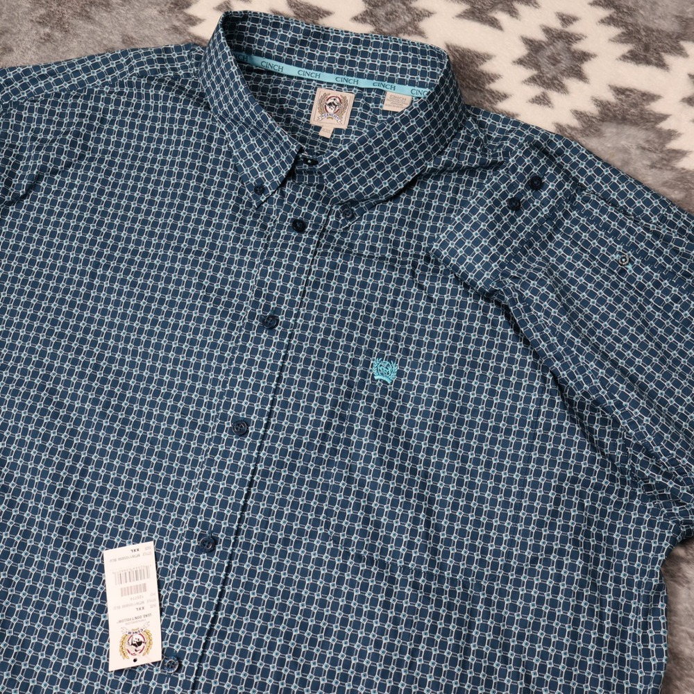 NWT Cinch Shirt Mens XXL Blue Navy Teal Geometric Cotton Western Cowboy